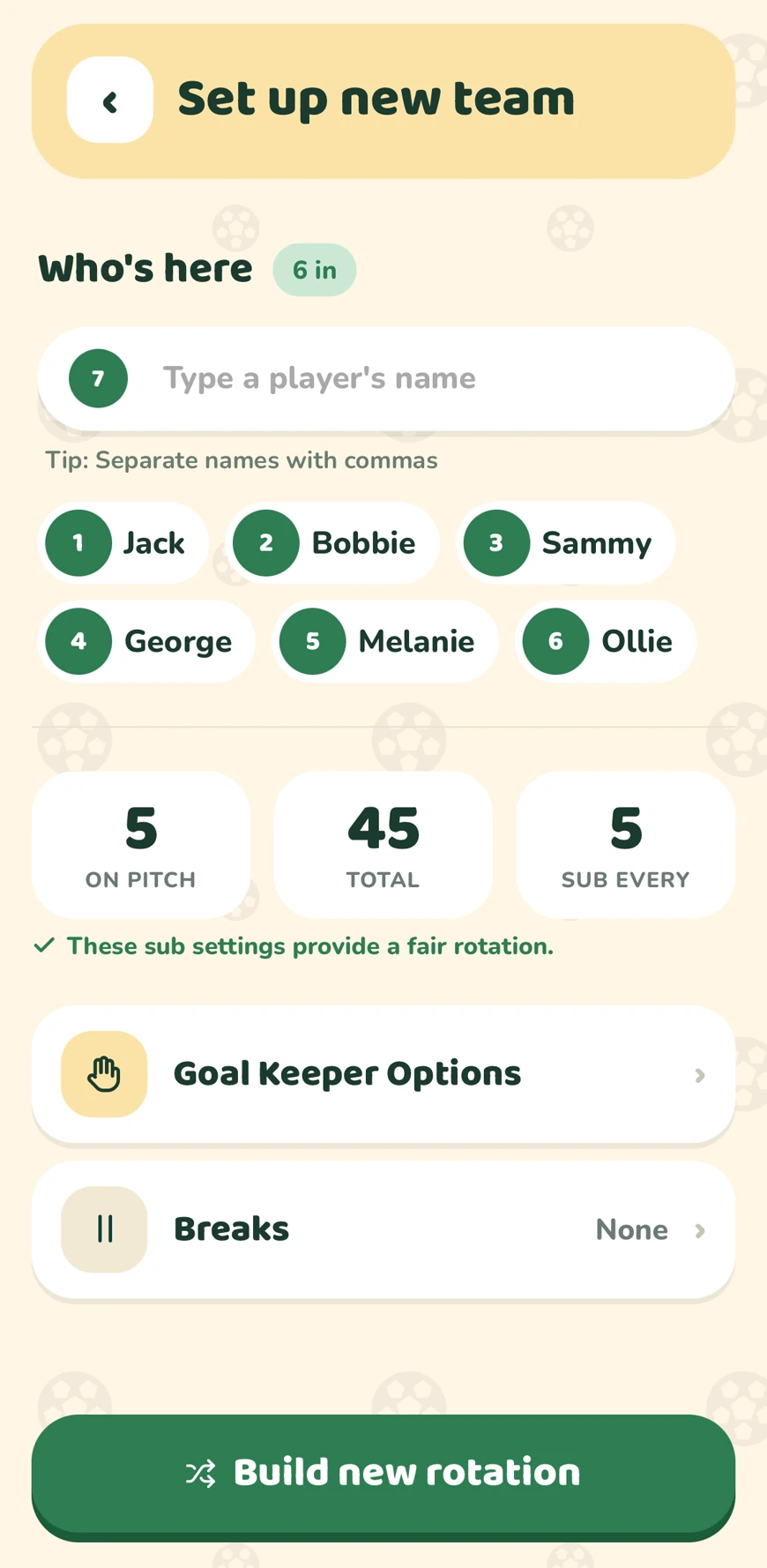 Adding players to a squad in Bench Buddy, six in so far, with sub settings already rated a fair rotation
